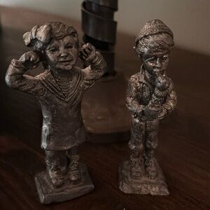 2 Pewter Figurines Miniture Hand Carved Vintage Metal Knick Knacks.